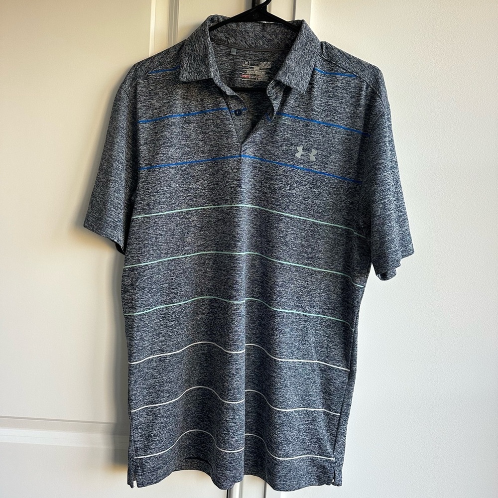 Under Armour Men's Polo Shirt in Gray with Blue and Green Stripes